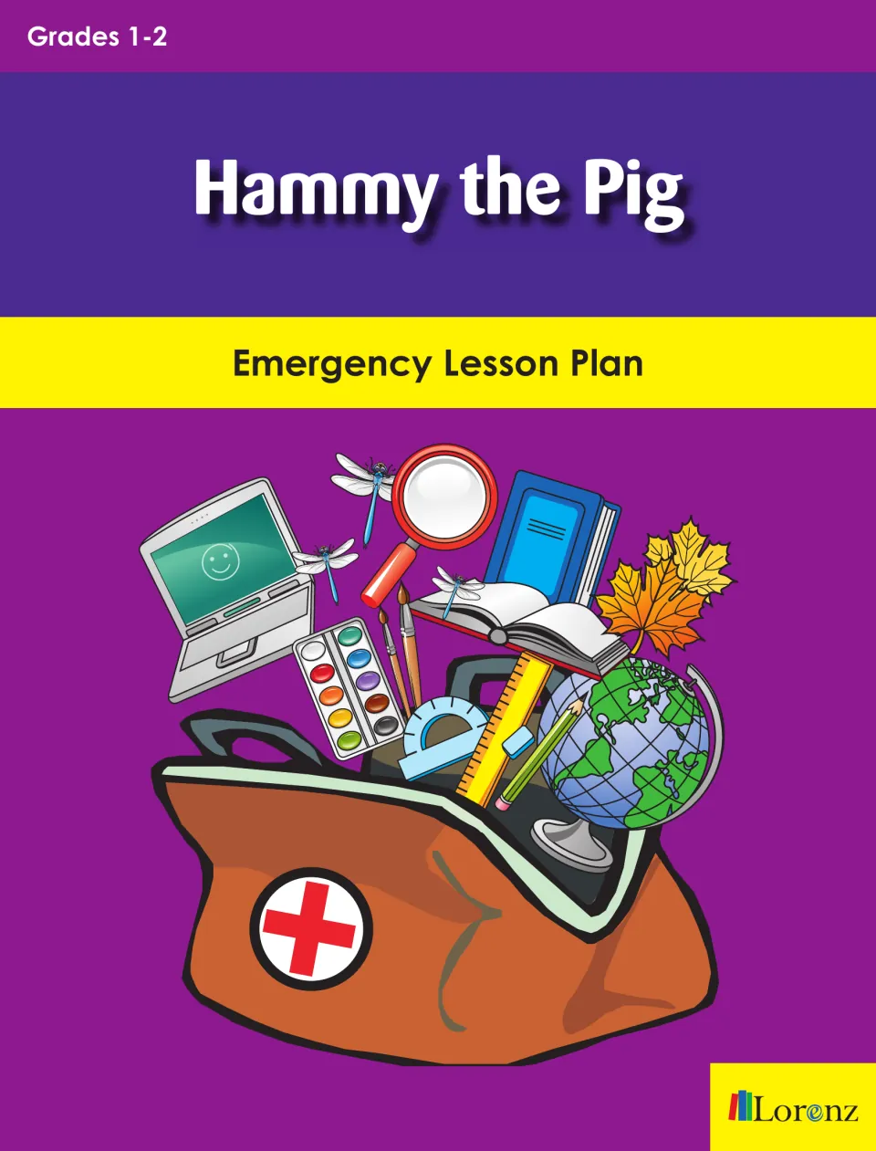 Hammy the Pig emergency lesson plan cover for grades 1–2, with a first-aid bag full of school supplies