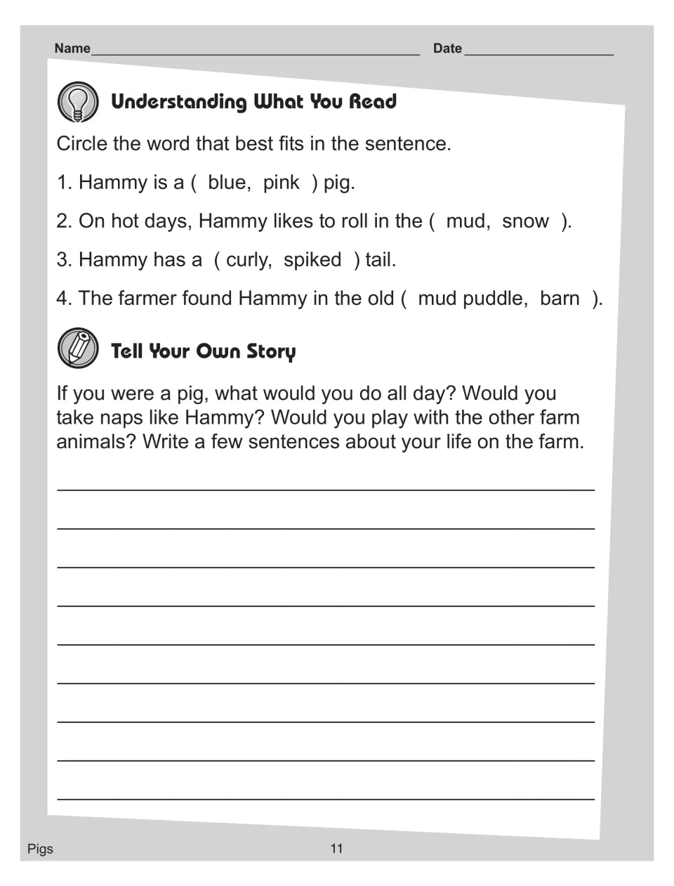 Four circle-the-word questions on Hammy (pink or blue, mud or snow) and a 'Tell Your Own Story' writing prompt