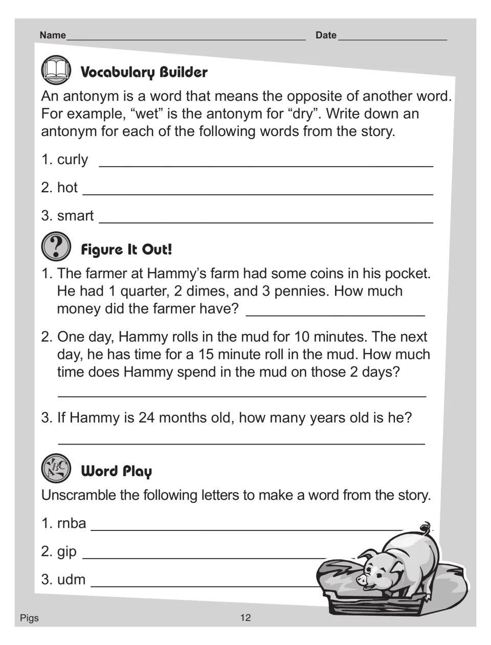 Antonyms for curly, hot and smart; three money and time word problems; unscrambling rnba, gip and udm