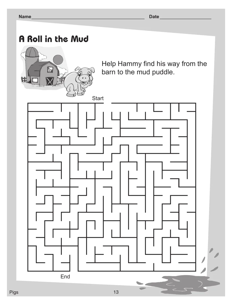 'A Roll in the Mud' maze: help Hammy find his way from the barn to the mud puddle, Start to End