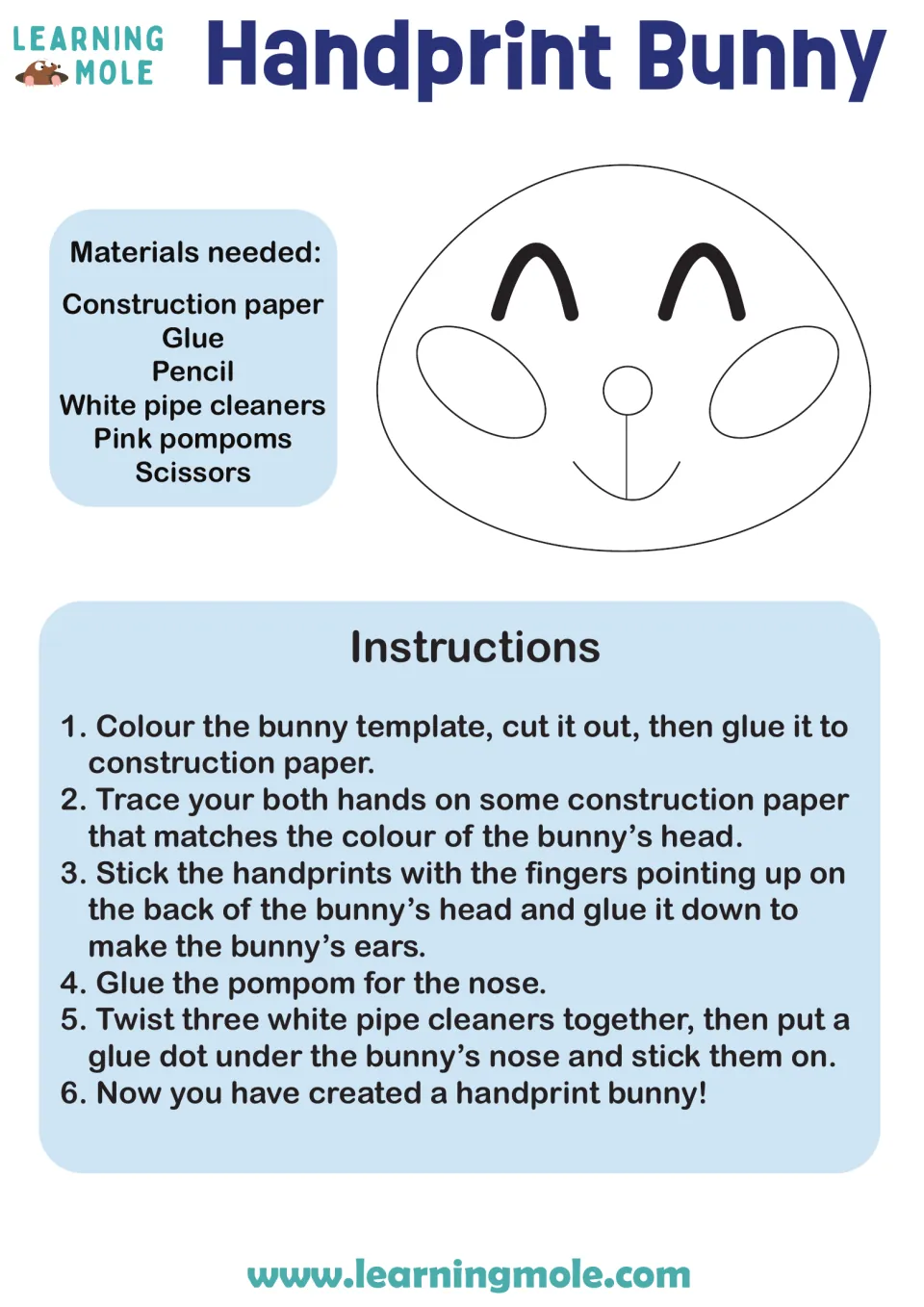 Bunny face craft: students colour and cut out a bunny head template, trace their hands for ears and add a pompom nose