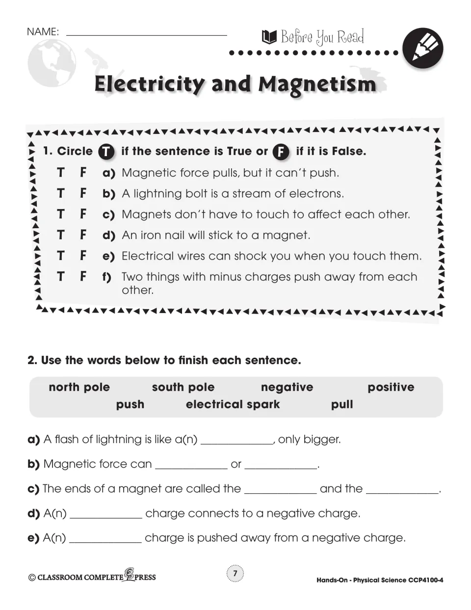 Before You Read on magnets and charges: students mark six true-or-false statements and fill blanks from a word bank
