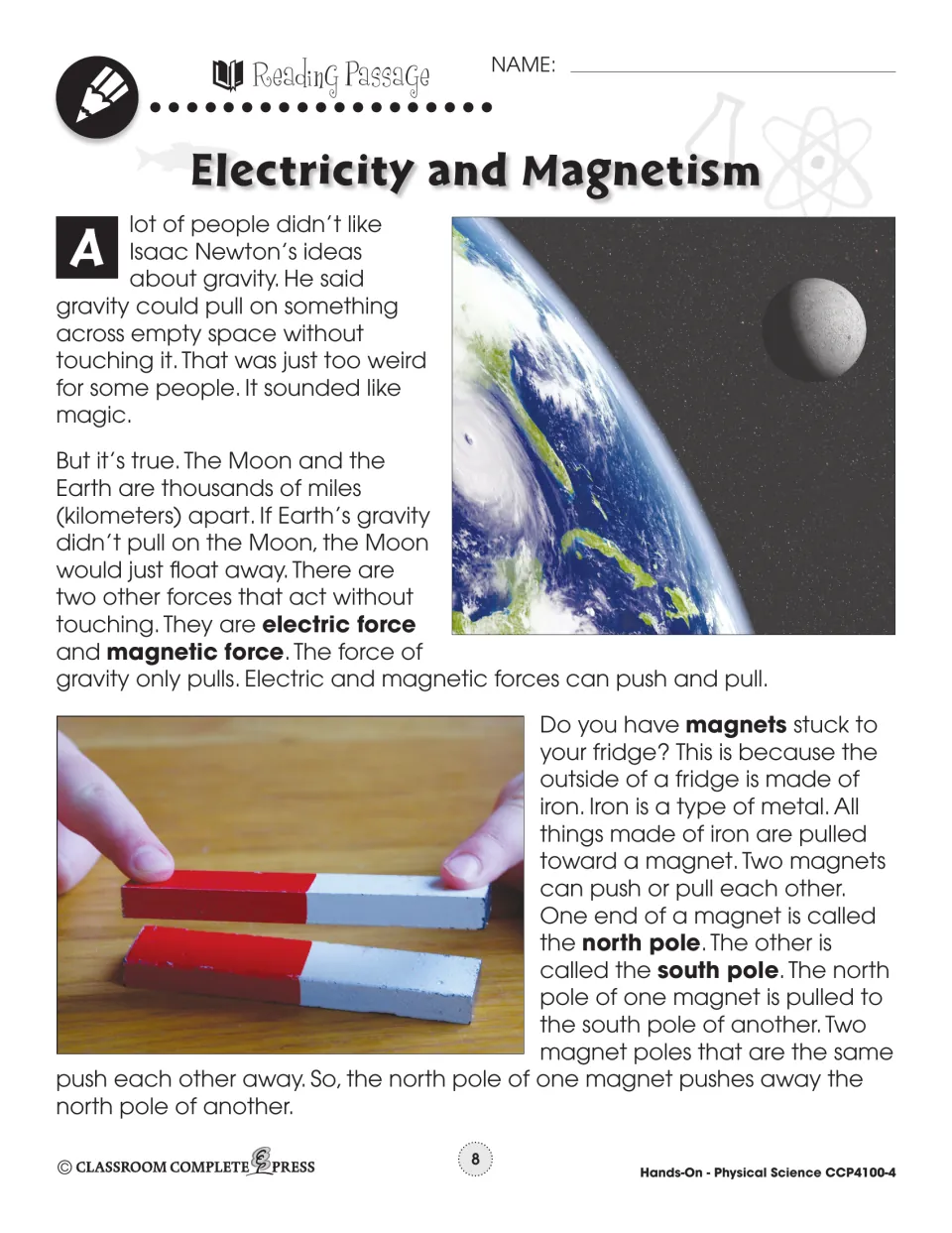 Reading passage on gravity, electric force and magnetic force: how north and south poles of magnets push and pull