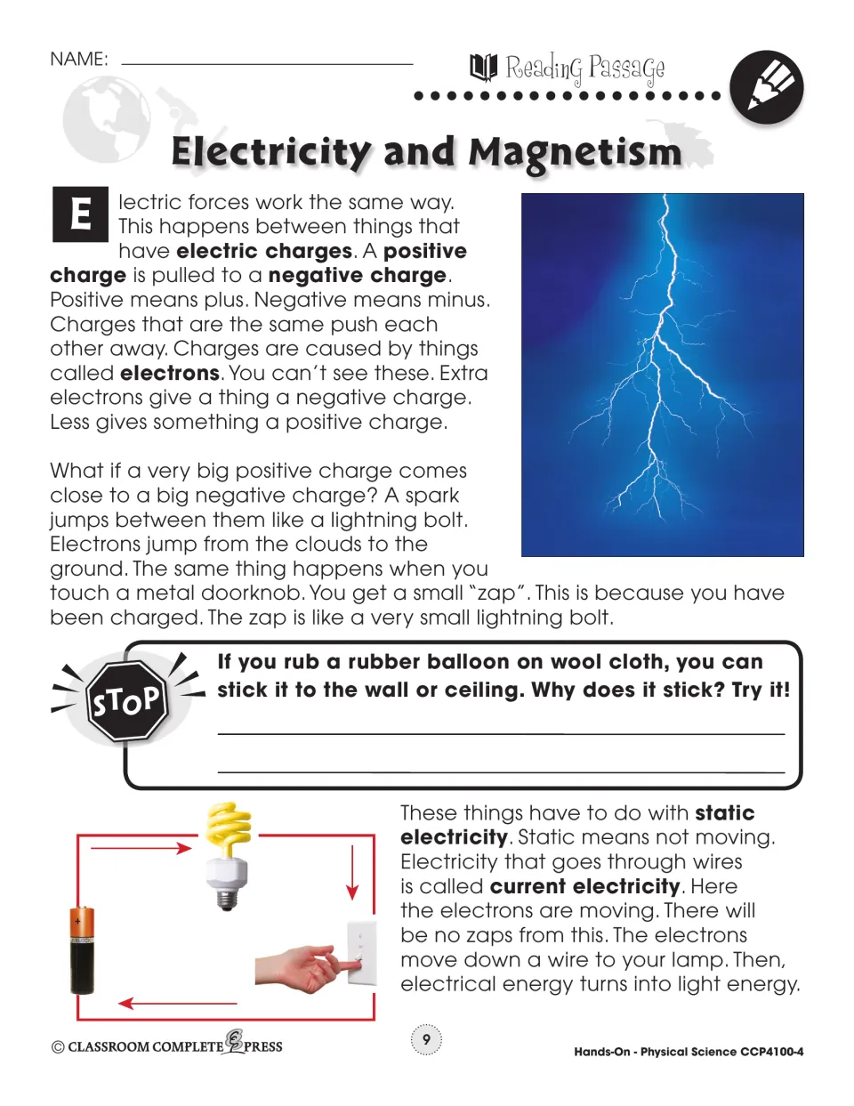 Reading passage on electric charges, lightning and static versus current electricity, with a balloon-rubbing question