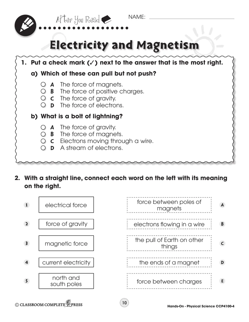 After You Read on forces: students answer two multiple-choice questions and match five terms to definitions