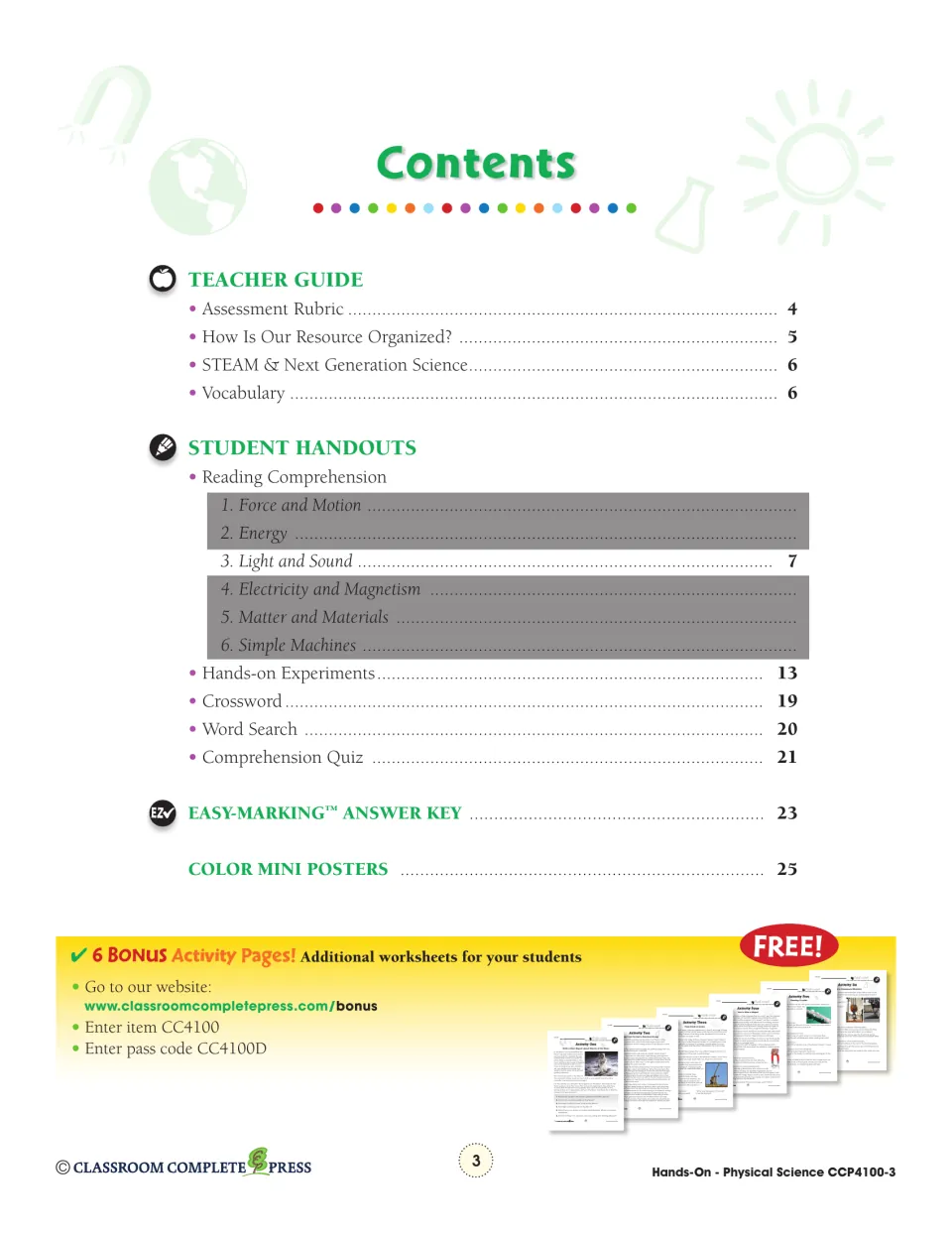 Contents: teacher guide, Light and Sound reading, hands-on experiments, crossword, word search, quiz, answer key and posters