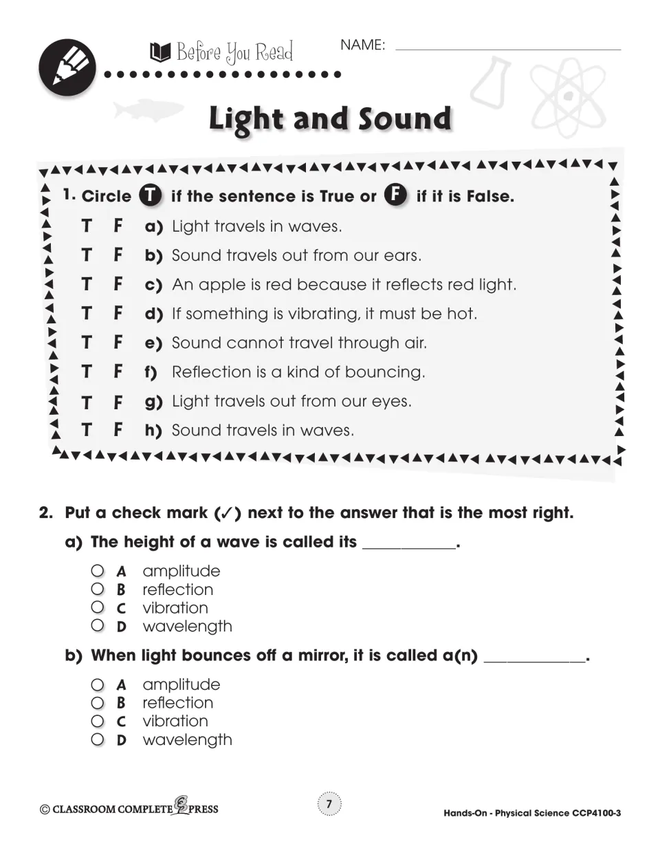 Light and sound pre-reading: students circle true or false for 8 statements and pick terms for wave height and reflection