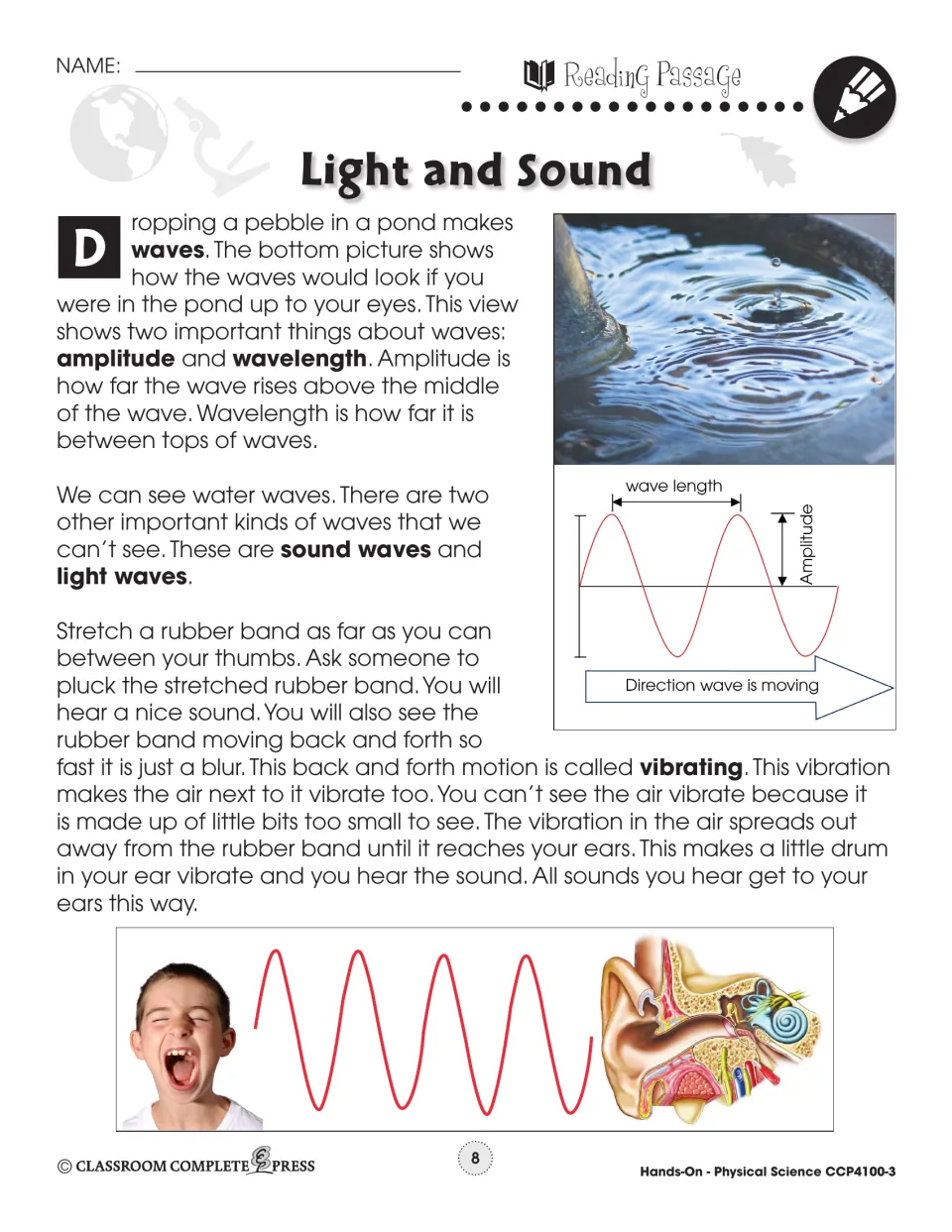 Reading passage on water, sound and light waves explaining amplitude, wavelength and vibration, with a labeled wave diagram