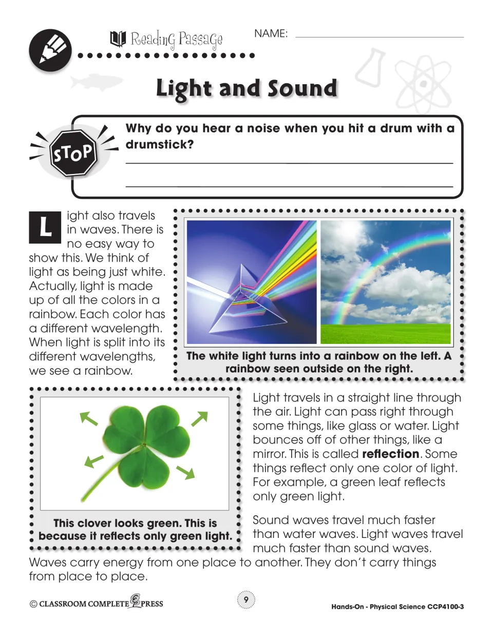 Reading passage on light: a prism splits white light into a rainbow, reflection, and a clover reflecting green light