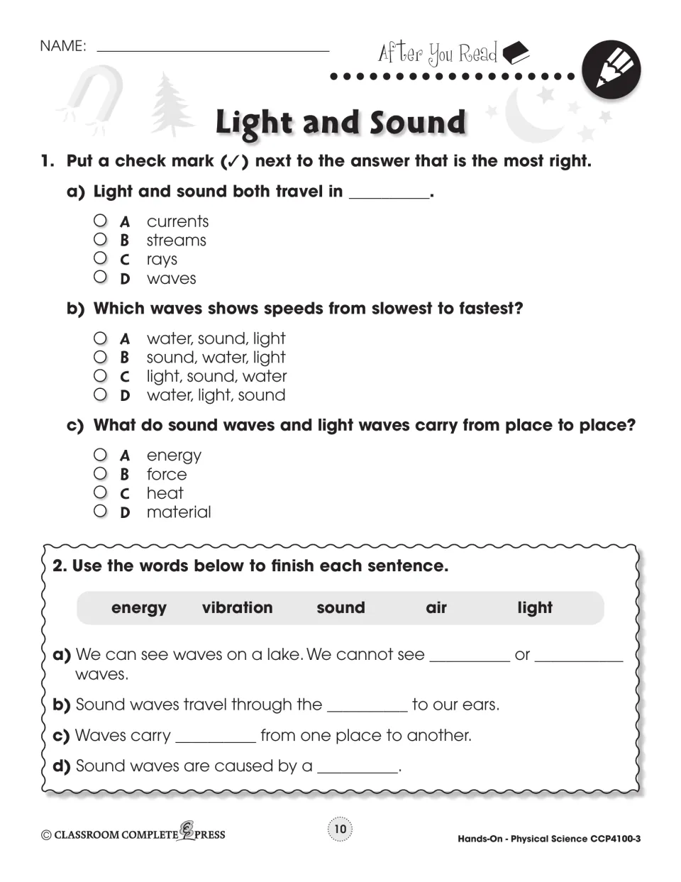 Light and sound comprehension: students pick answers on waves, wave speeds and energy, then fill in blanks from a word bank
