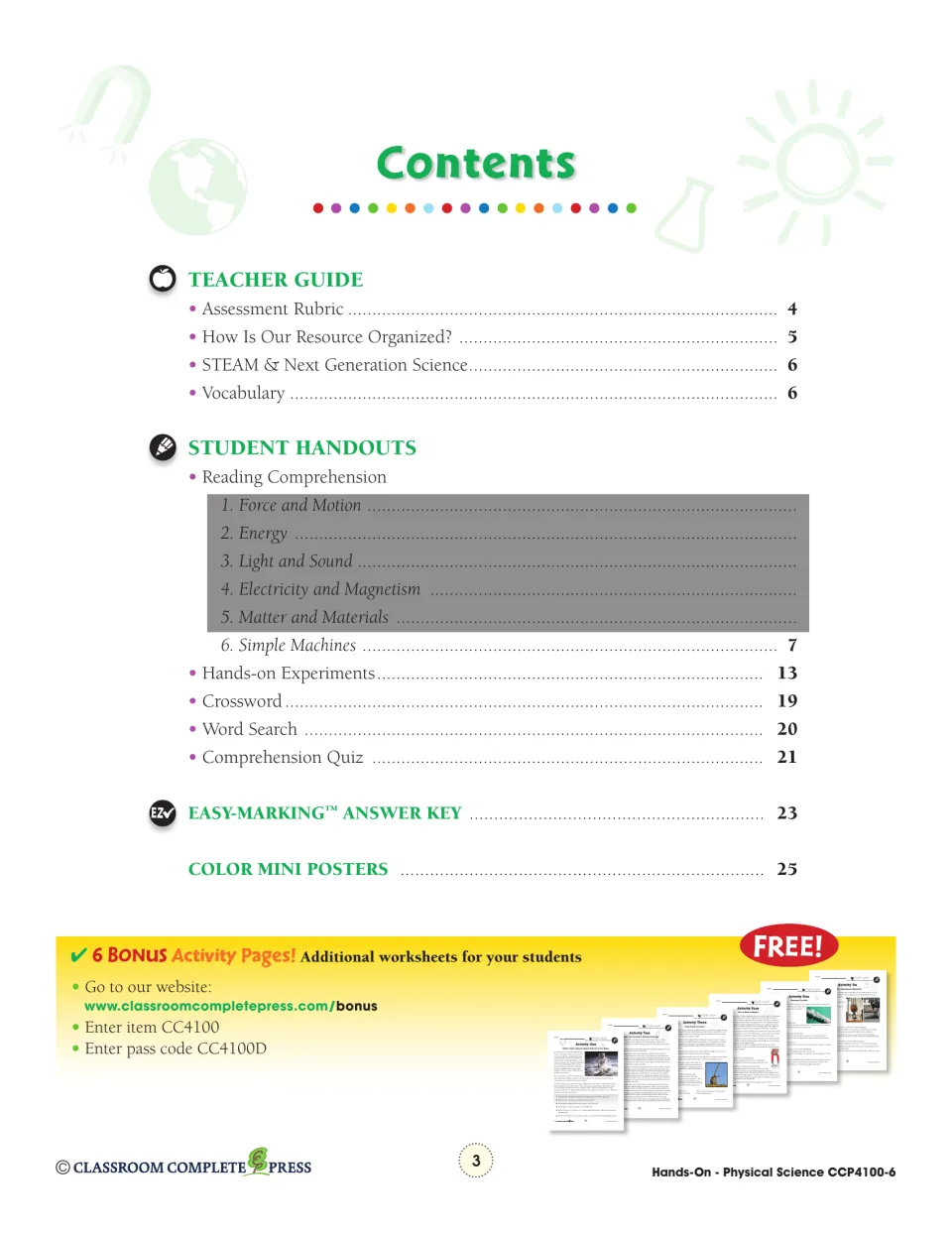 Contents listing the teacher guide, simple machines reading, hands-on experiments, crossword, word search, quiz and key