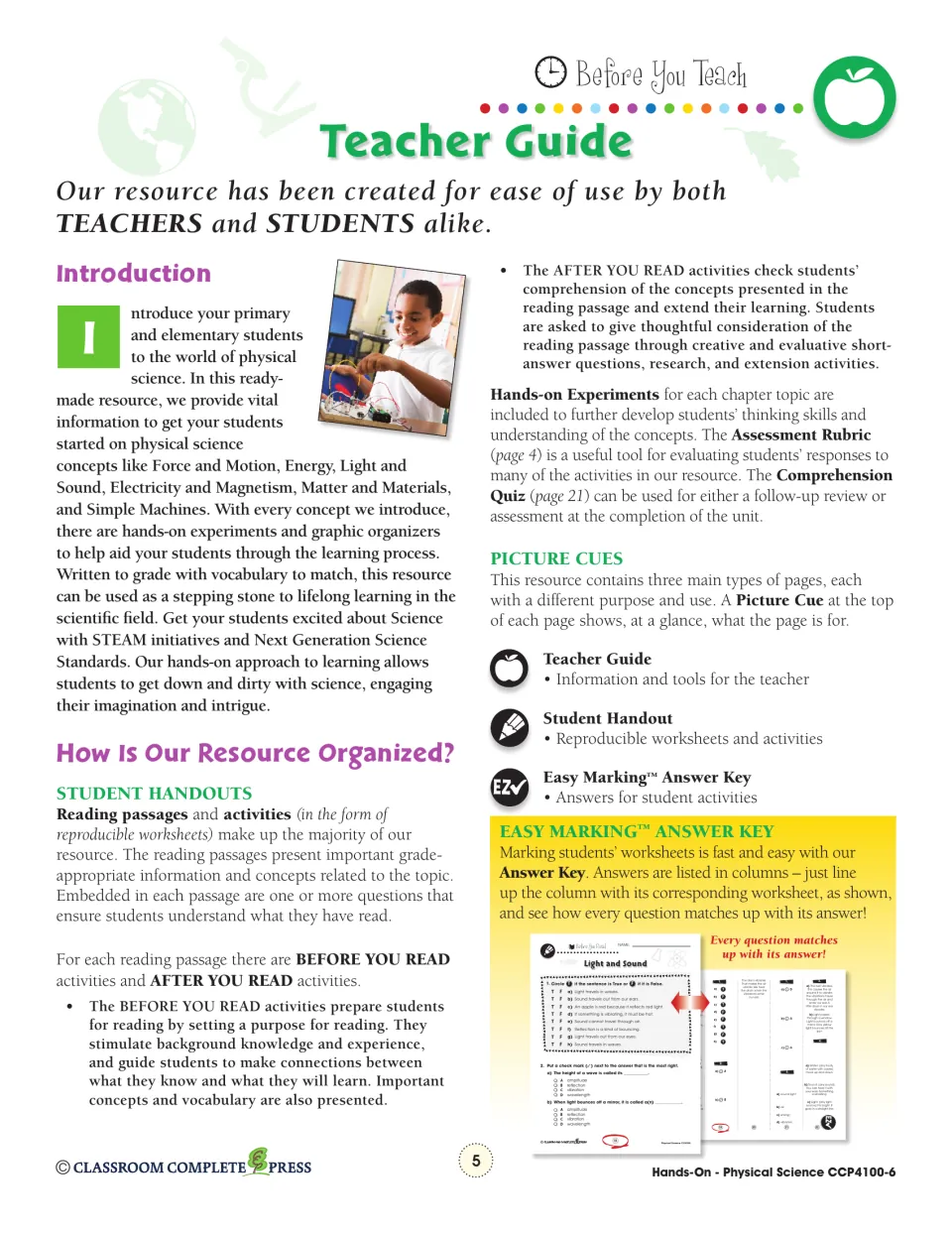 Teacher guide introduction explaining reading passages, before and after you read activities, picture cues and answer key