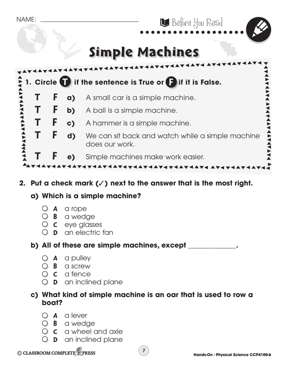 Simple machines before-you-read: students circle true or false and check the best answer about wedges, pulleys and levers