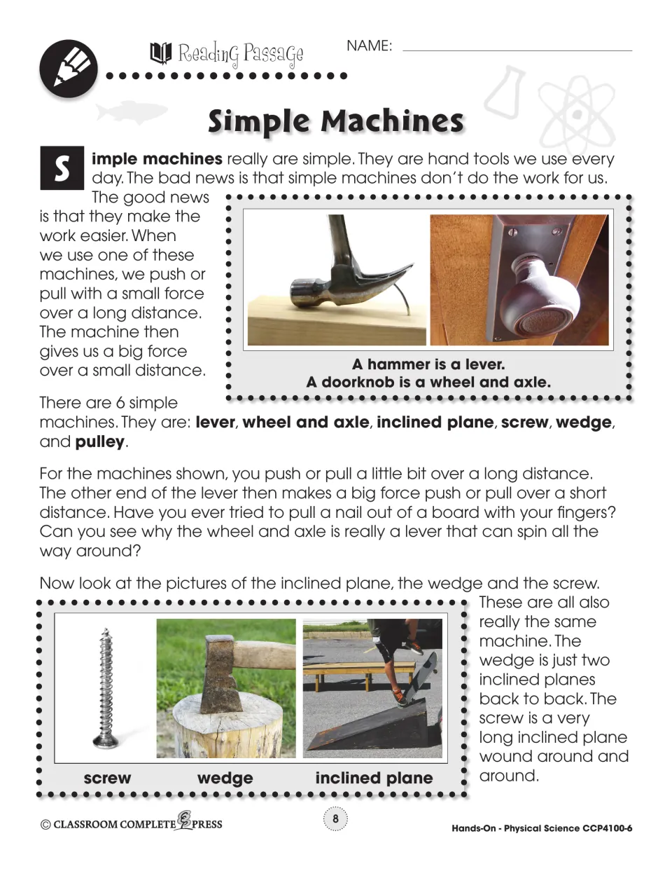 Simple machines reading passage naming the six machines, with photos of a hammer, doorknob, screw, wedge and inclined plane