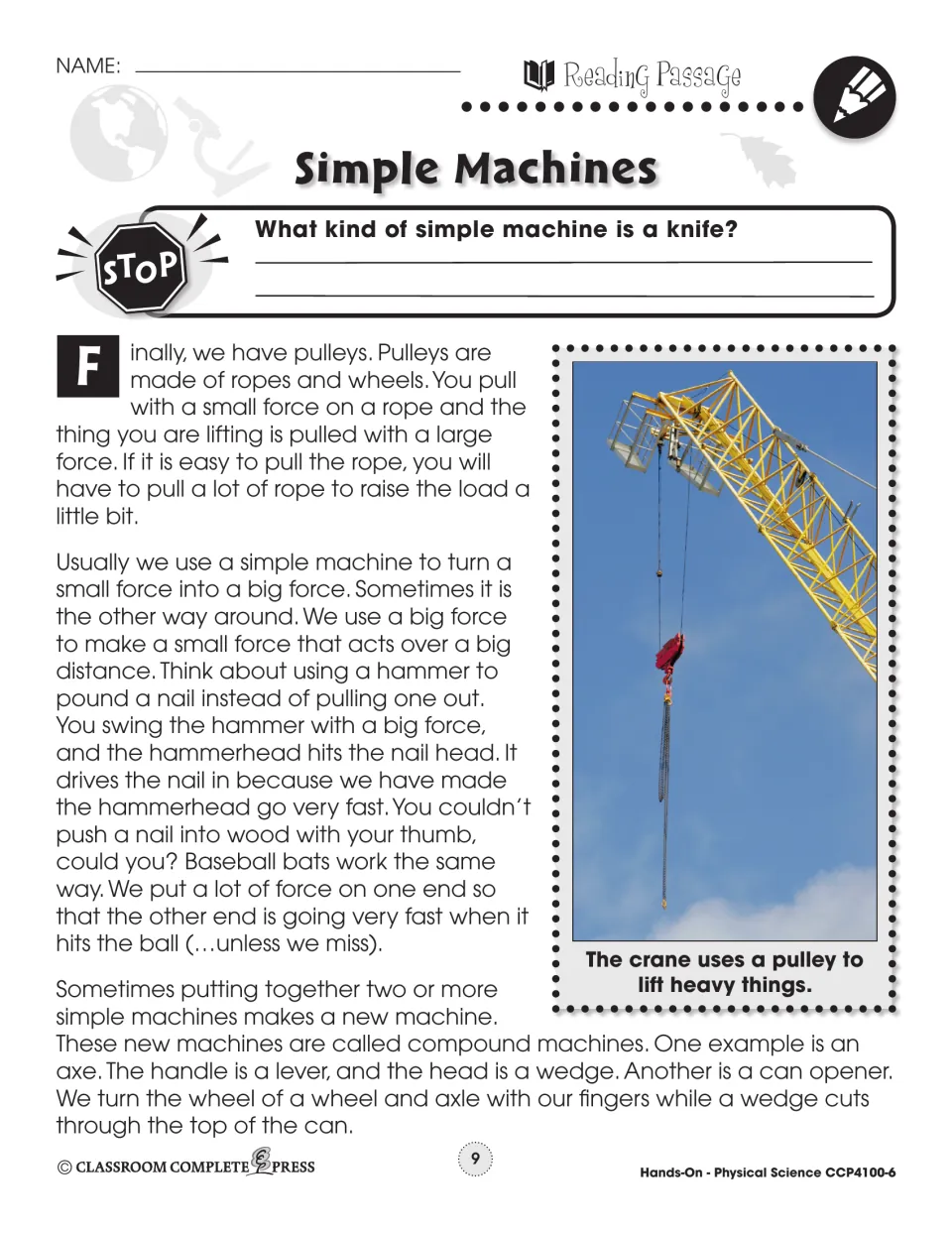 Reading on pulleys and compound machines such as an axe and can opener, with a crane photo and a stop question