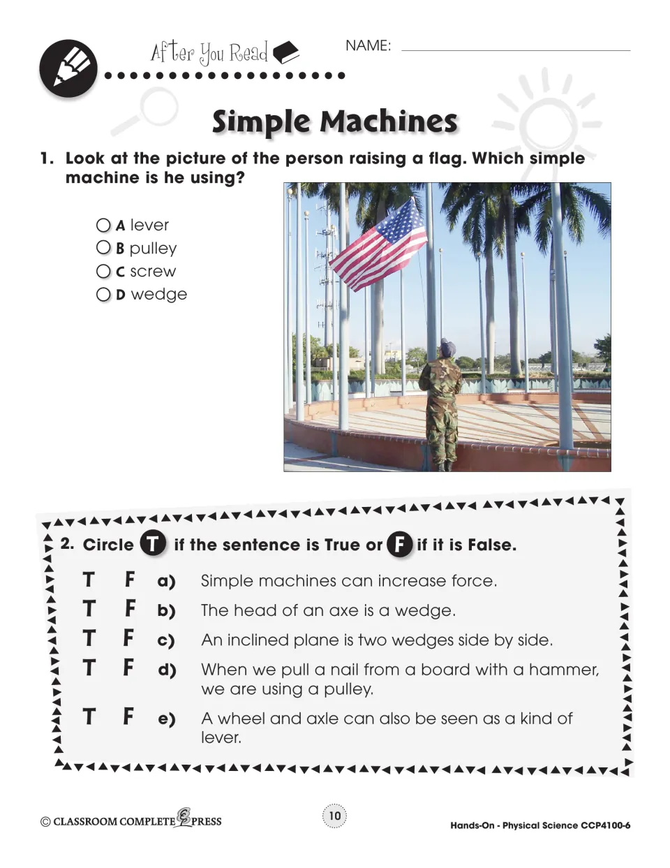 Simple machines after-you-read: students name the machine used to raise a flag and mark five statements true or false