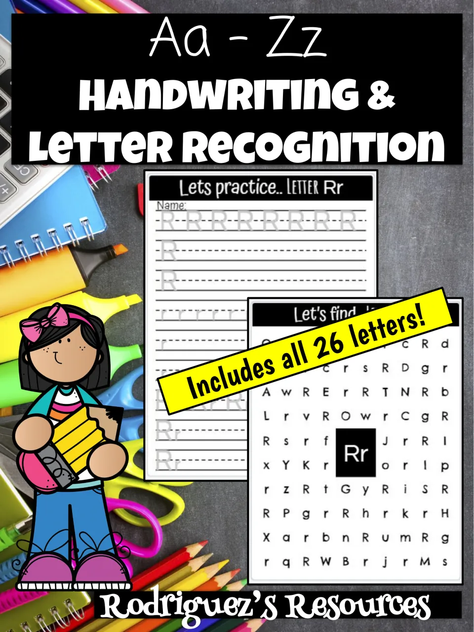 Aa-Zz handwriting and letter recognition cover showing a letter Rr tracing sheet and a find-the-Rr letter grid