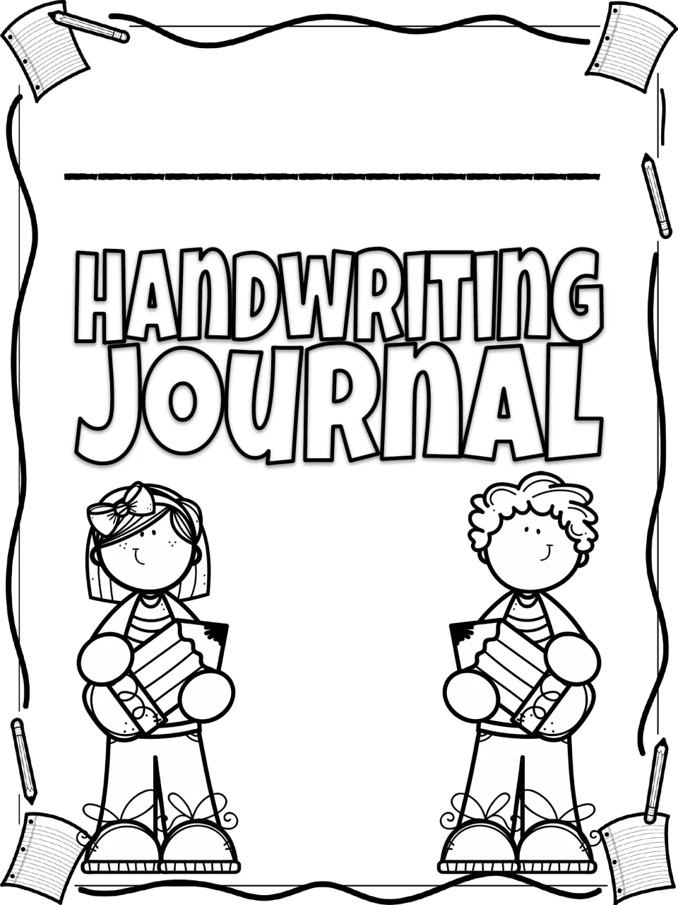 Handwriting Journal cover to color: name line above the title, a girl and boy holding pencils, paper and pencil doodles