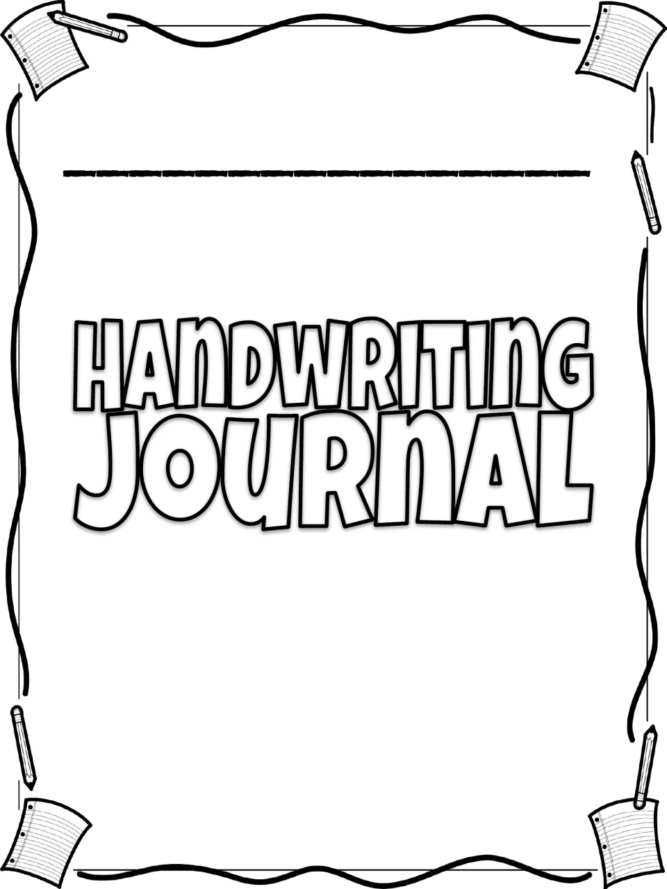 Handwriting Journal cover with a name line and outlined title to color, with paper and pencil doodles but no children
