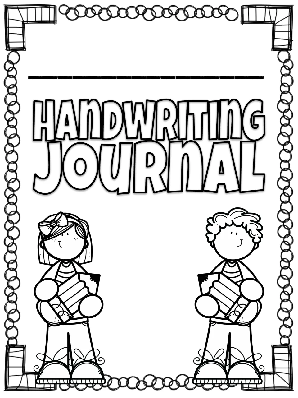Handwriting Journal cover to color with a name line, two smiling children holding big pencils and a chain-of-circles trim