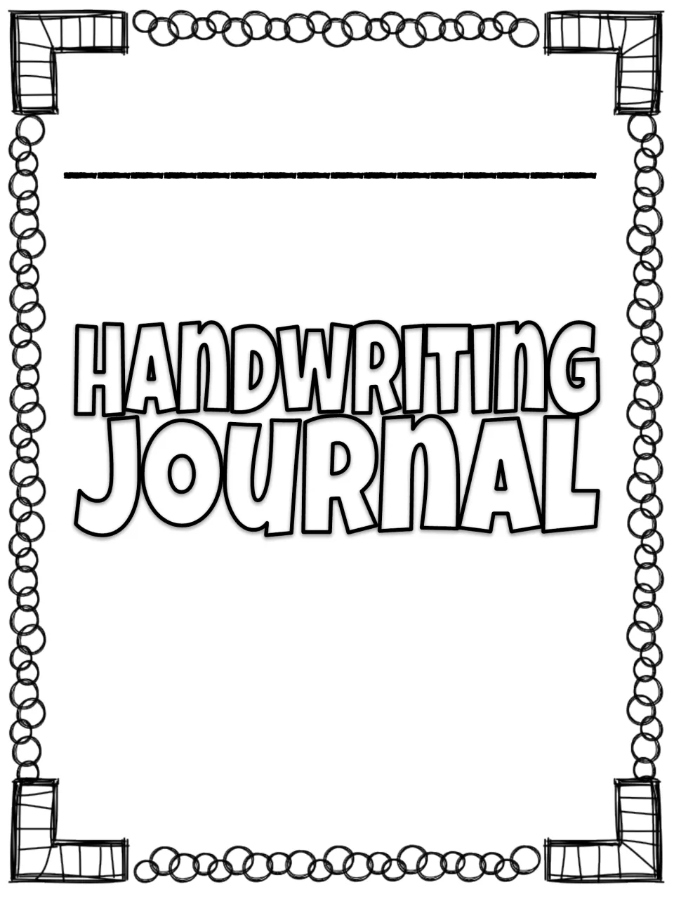 Handwriting Journal cover with a name line and bubble-letter title to color inside a chain-of-circles trim, no children