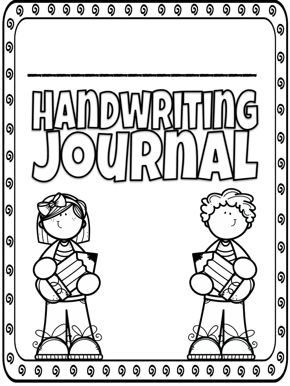 Handwriting Journal cover with a name line, a girl and a boy each hugging a pencil, and swirls around the edge to color