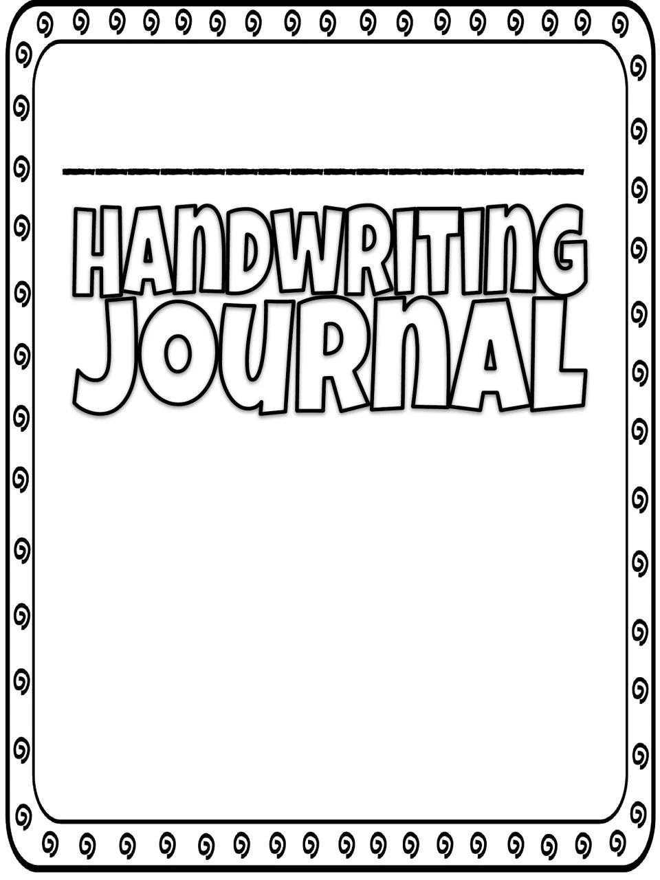Handwriting Journal cover with a name line and outlined title, swirls around the edge and open space below to decorate