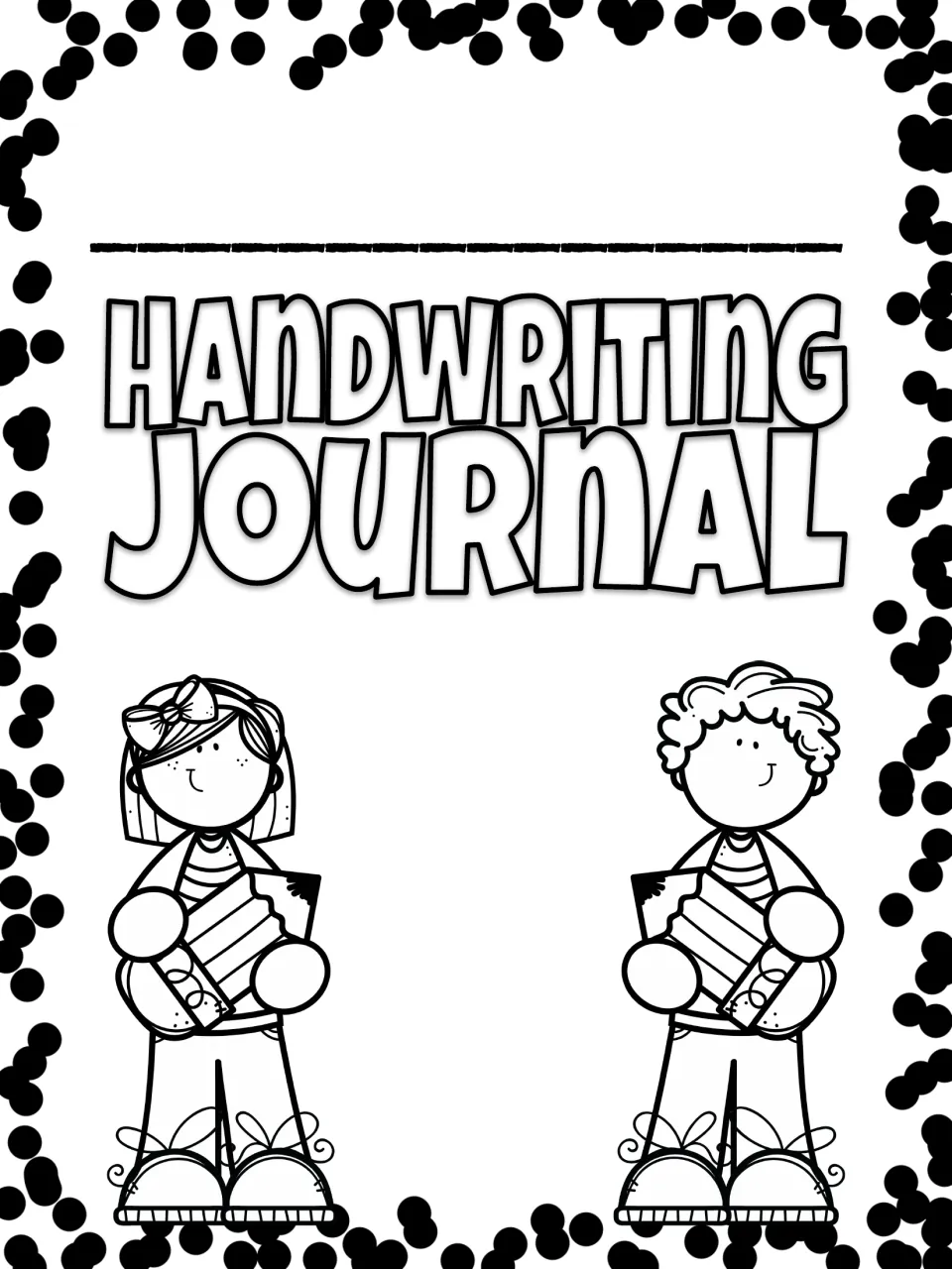 Handwriting Journal cover with a name line, two children holding pencils and black polka-dot confetti to color