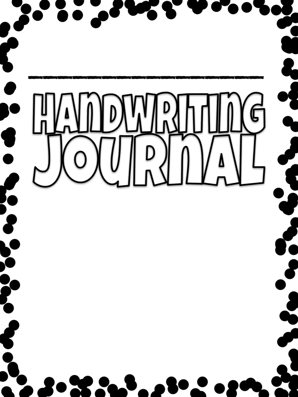 Handwriting Journal cover with a name line, bubble-letter title and black polka-dot confetti, leaving the lower half open