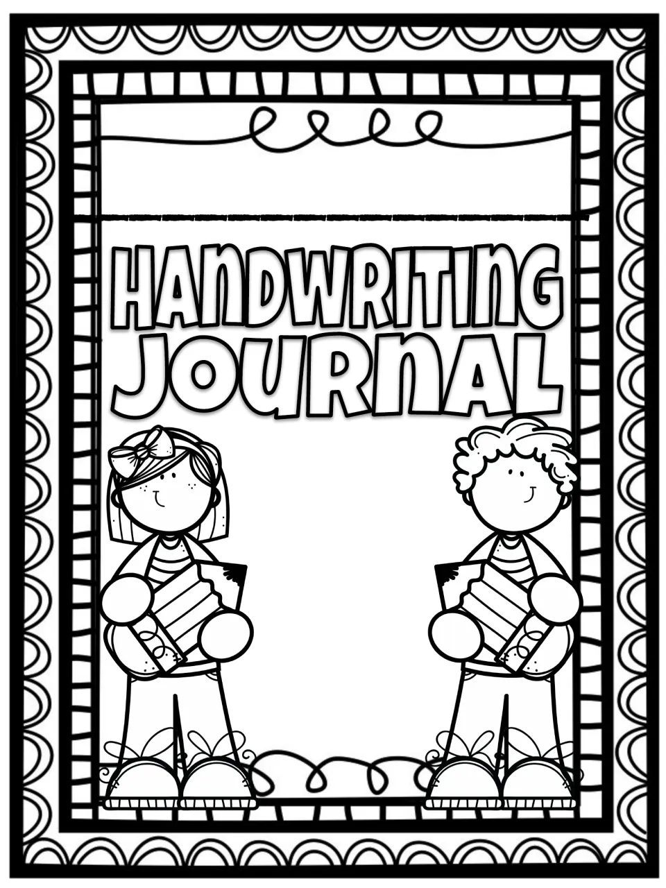Handwriting Journal cover with a name line, a girl and boy holding pencils, and scalloped and striped patterns to color