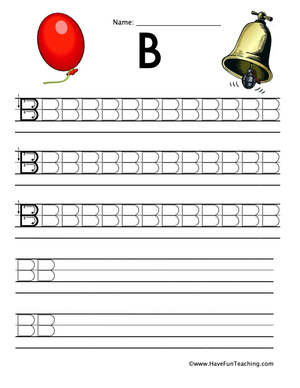 Capital B tracing: following the 1-2-3 stroke arrows, students trace rows of dotted B's; balloon and bell pictures