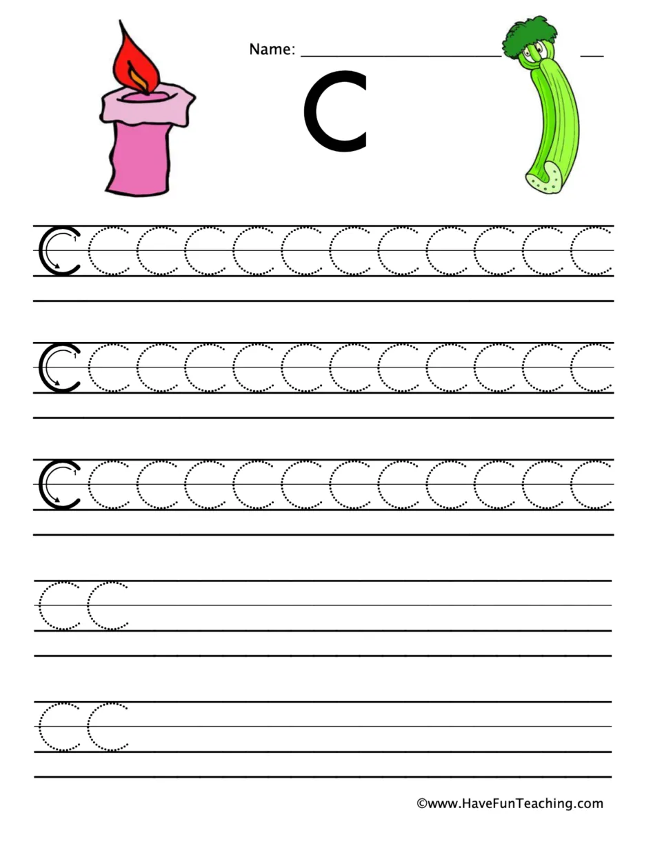 Uppercase C practice: students trace one curved stroke to form dotted C's, with a candle and a celery stalk as C words