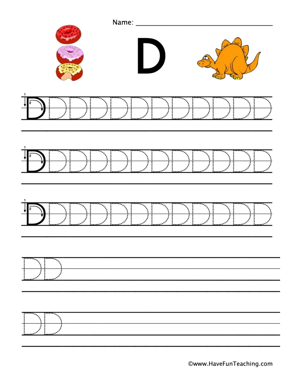 Letter D handwriting: students trace dotted capital D's from a two-stroke numbered model beside donut and dinosaur art
