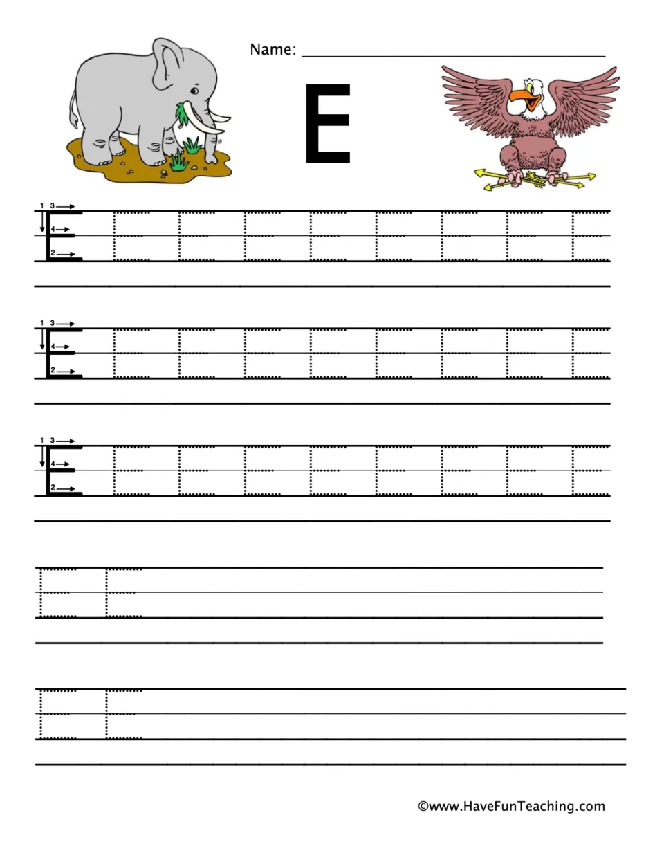 Capital E stroke order: students trace dotted E's using a four-stroke numbered model, with an elephant and an eagle