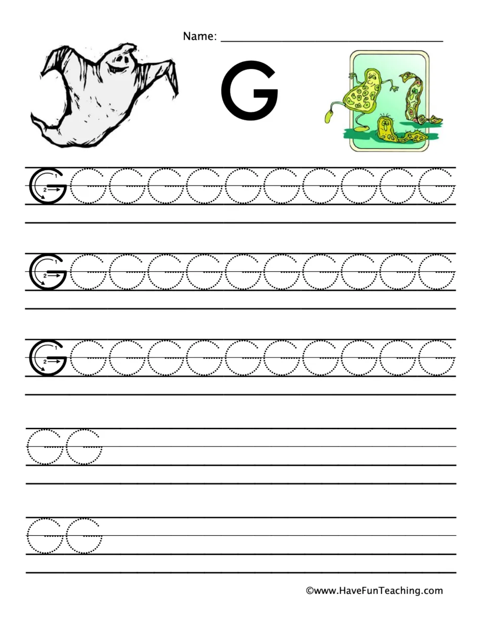 Capital G tracing: students trace dotted G's, curving stroke 1 then adding the bar, with a ghost and cartoon germs pictured