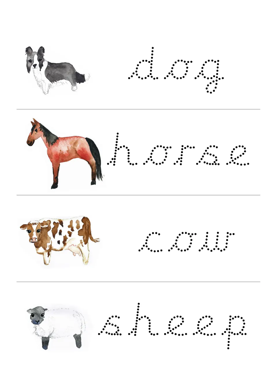 Cursive handwriting practice for dog, horse, cow, and sheep, with traceable words and matching animal pictures