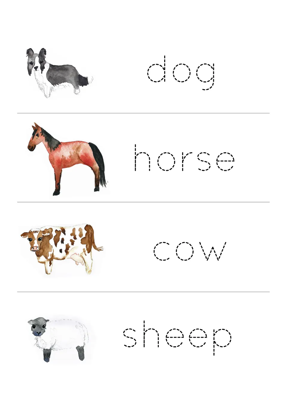 Print handwriting practice for dog, horse, cow, and sheep, with traceable words and matching animal pictures