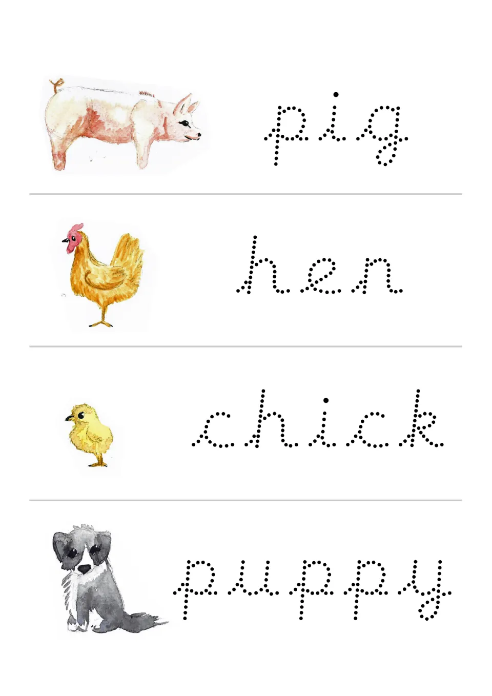 Cursive handwriting practice for pig, hen, chick, and puppy, with traceable words and matching animal pictures