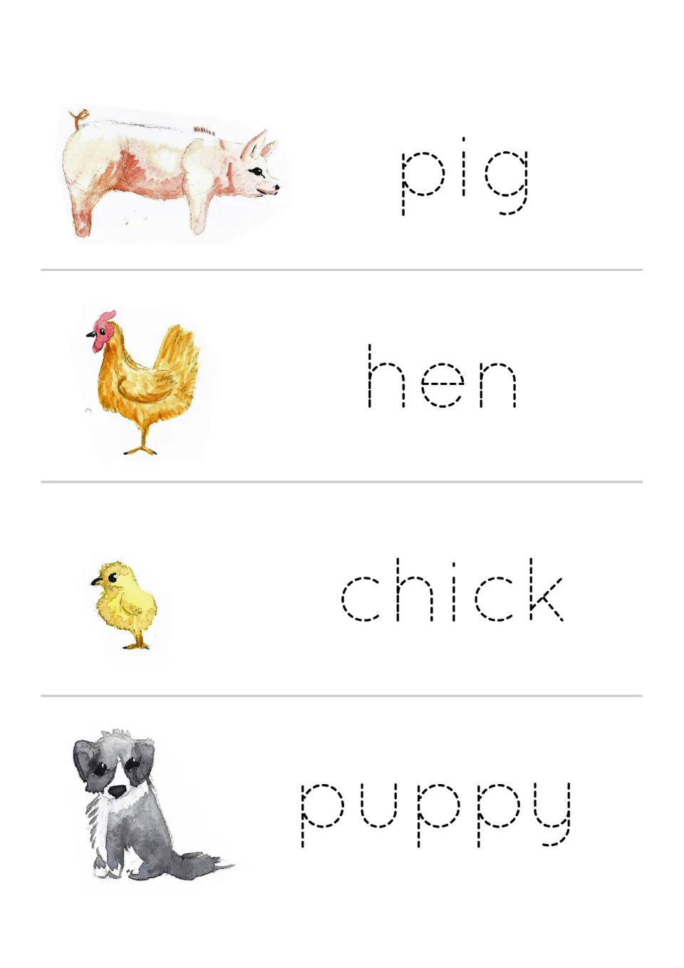 Print handwriting practice for pig, hen, chick, and puppy, with traceable words and matching animal pictures