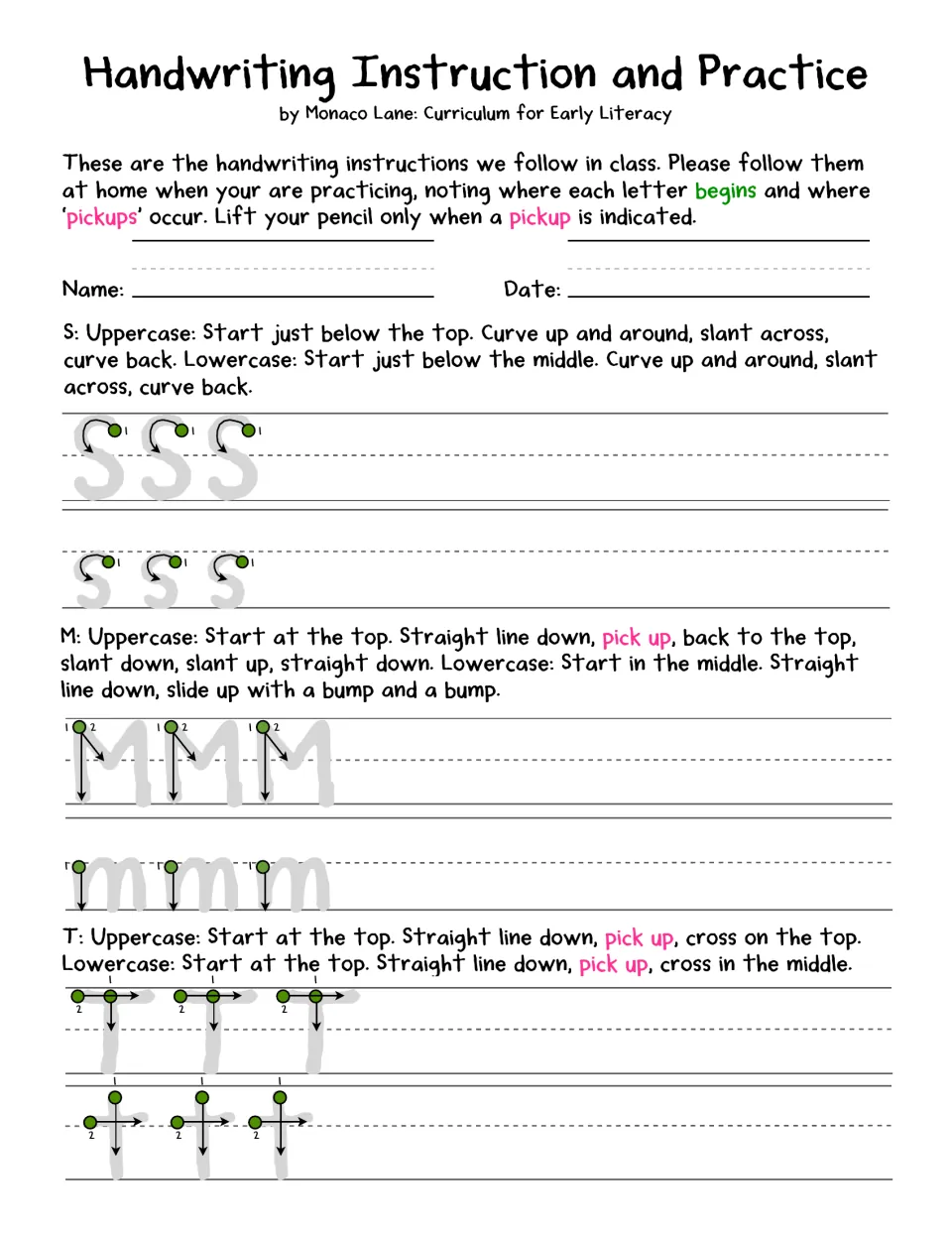 Letter formation for S, M and T: students trace uppercase and lowercase letters following start dots, arrows and pickups