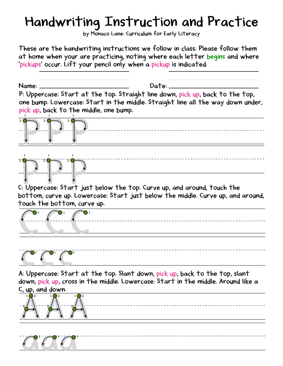 Letter formation for P, C and A: students trace each letter in both cases using numbered strokes and pick-up cues