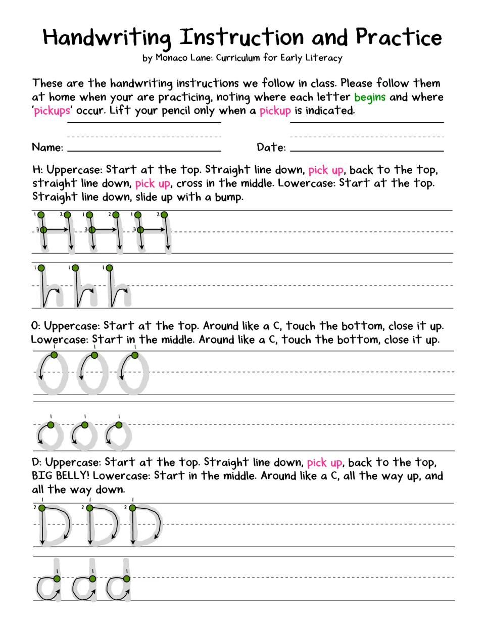 Letter formation for H, O and D: students trace capitals and lowercase letters from green start dots along stroke arrows