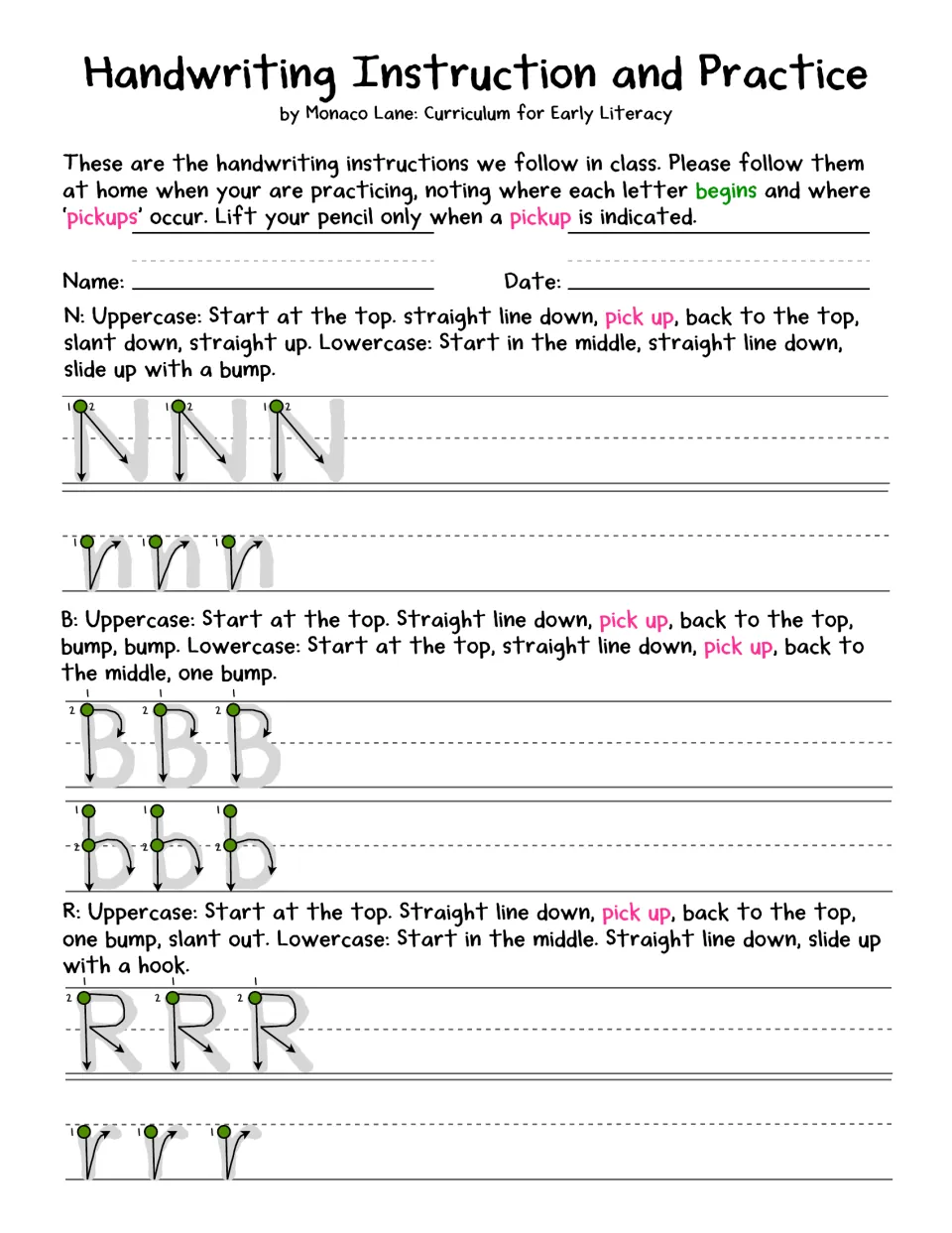 Letter formation for N, B and R: students read stroke directions and trace each letter, lifting the pencil at pickups