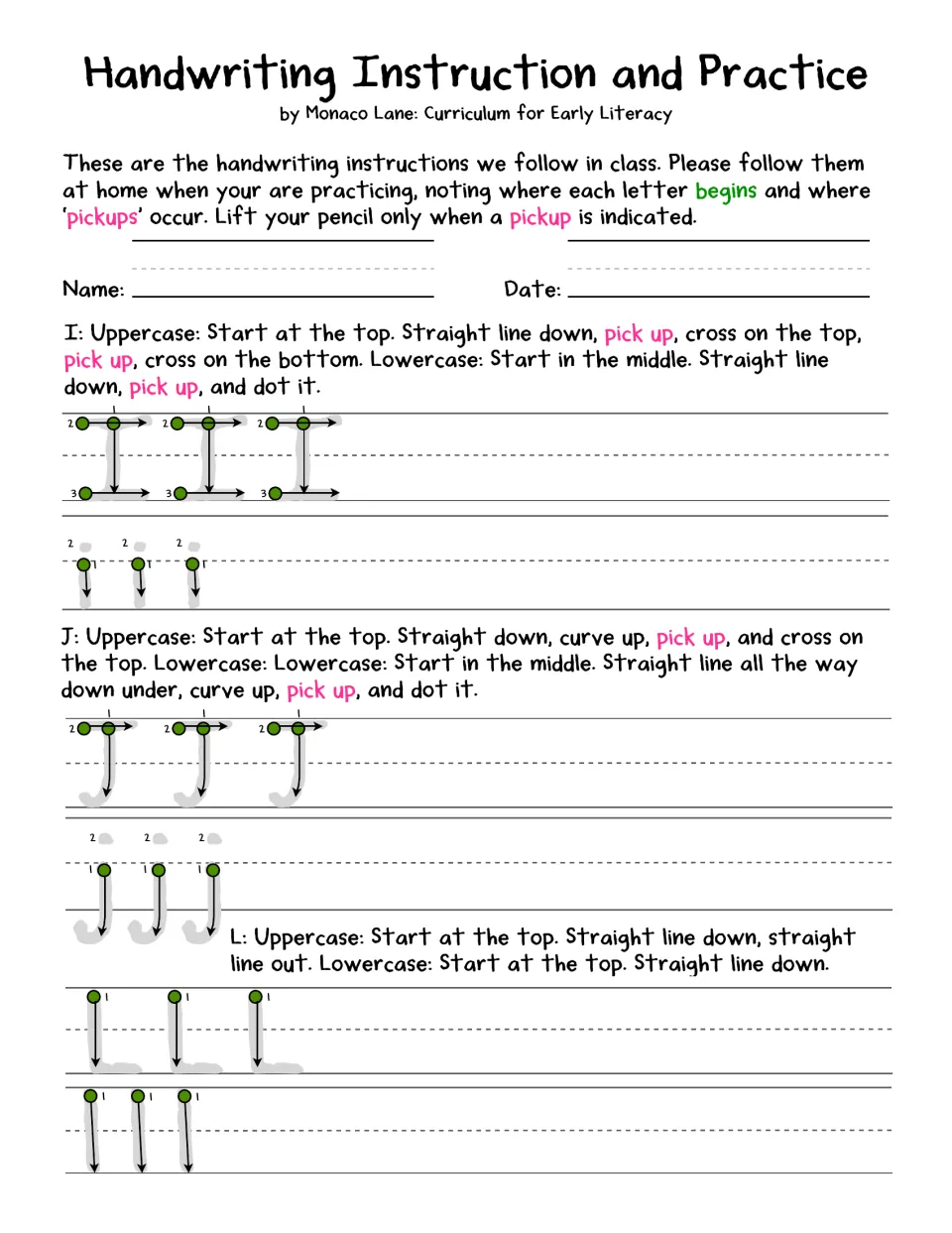 Letter formation for I, J and L: students trace upper and lowercase letters, crossing I and J and dotting lowercase i and j