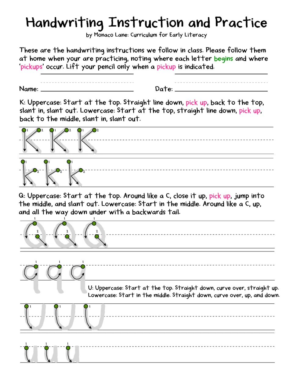 Letter formation for K, Q and U: students trace each letter in both cases, starting at green dots and following arrows