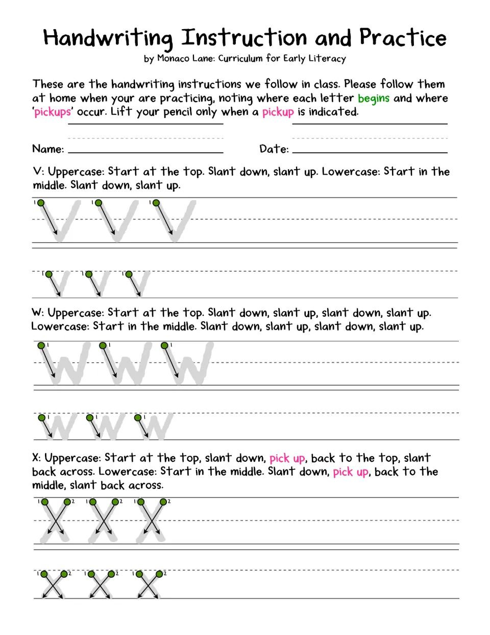 Letter formation for V, W and X: students practise slant strokes, tracing upper and lowercase letters from start dots
