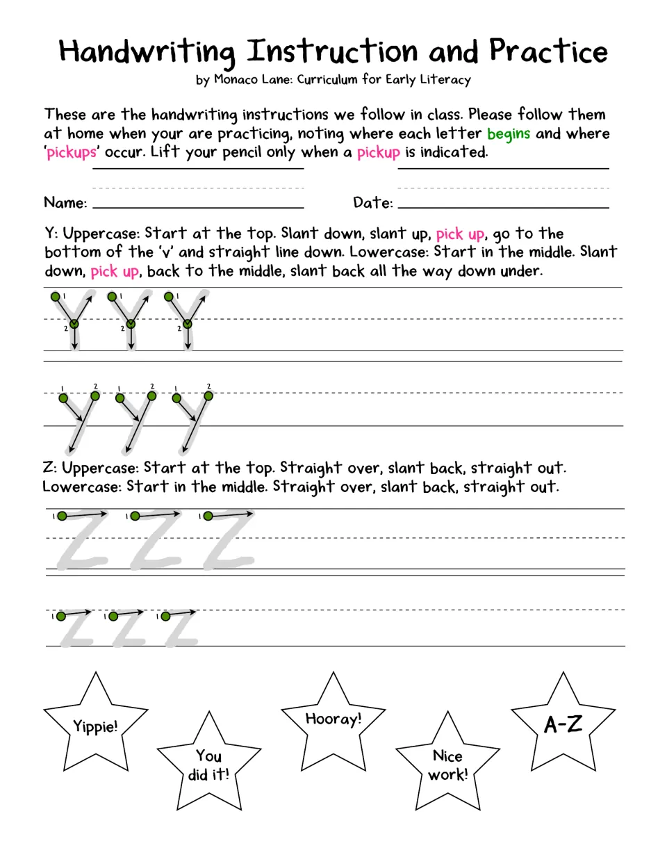 Letter formation for Y and Z: students trace both cases, then finish the A-Z set with stars reading Hooray and Nice work