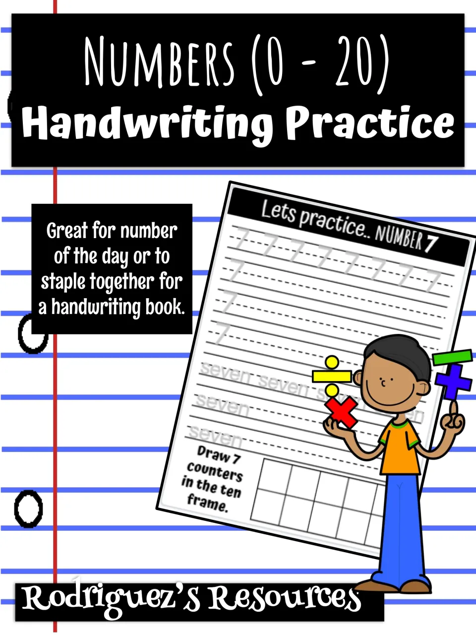 Numbers 0-20 handwriting practice cover showing a sample page: trace 7 and seven, then draw 7 counters in a ten frame