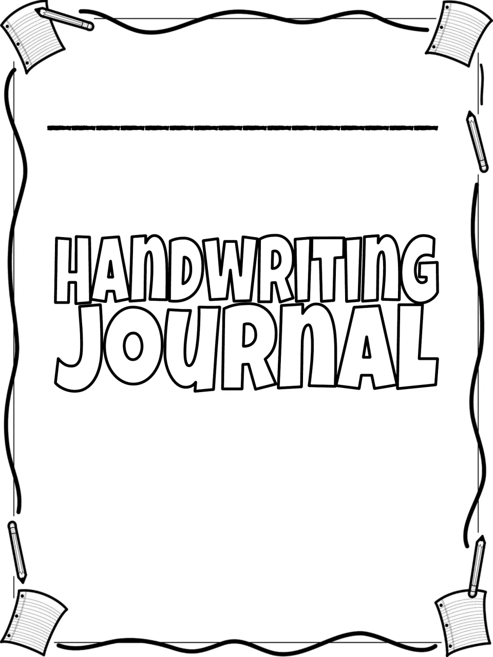 Handwriting Journal cover to color with paper-and-pencil doodles in the corners and a name blank, no children pictured