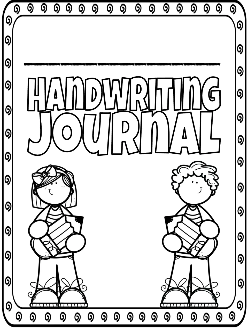 Handwriting Journal cover to color edged with swirl doodles, showing two smiling children holding pencils and a name blank